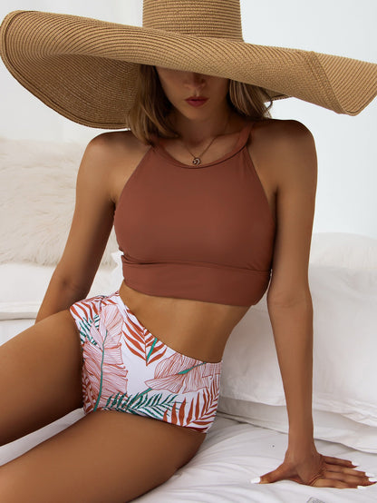 Swimsuit Women'S Split High Waist Leaf Print Solid Color Bikini