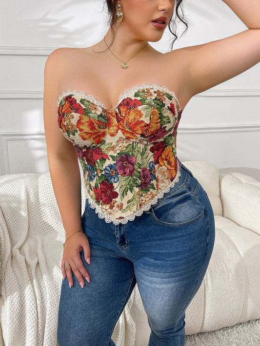 Plus Size Vintage French Fishbone Corset Top Floral Wrap Blouse