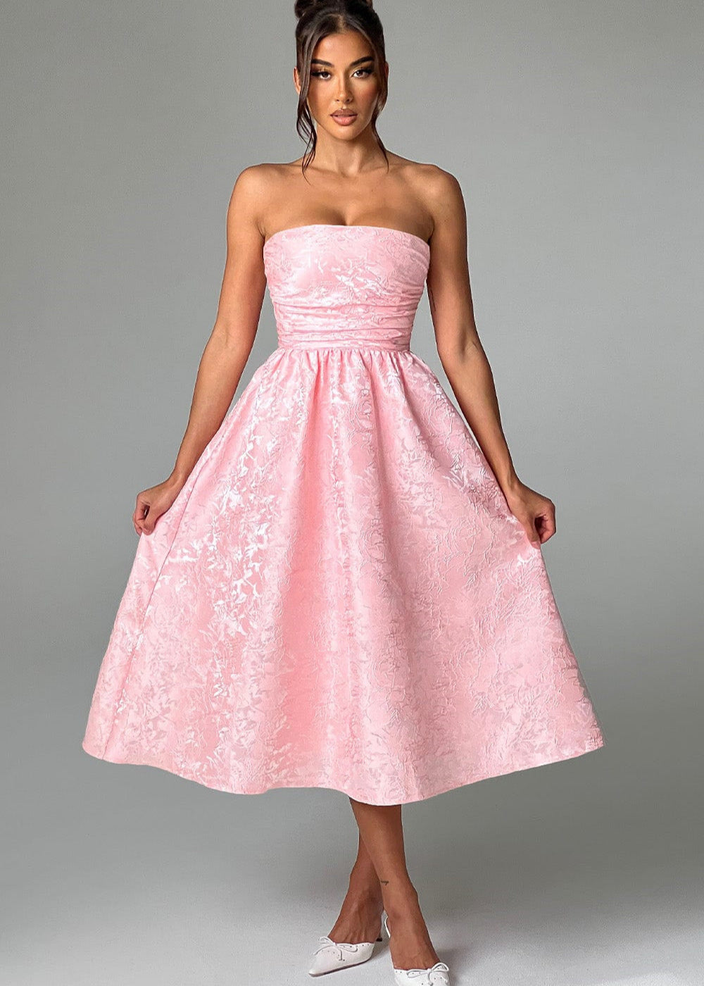 Strapless Jacquard Midi Dress with Corset Back