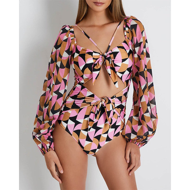 New Open Back Long Sleeved One Piece Swimwear High Waist Lace Up V-Neck Swimwear For Women Bikini