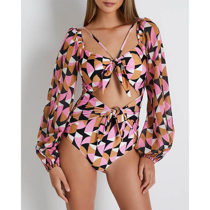 New Open Back Long Sleeved One Piece Swimwear High Waist Lace Up V-Neck Swimwear For Women Bikini