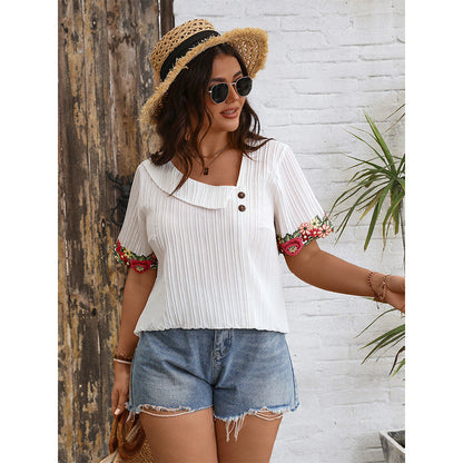 V-Neck Loose-Fit Short Sleeve Top With Embroidery