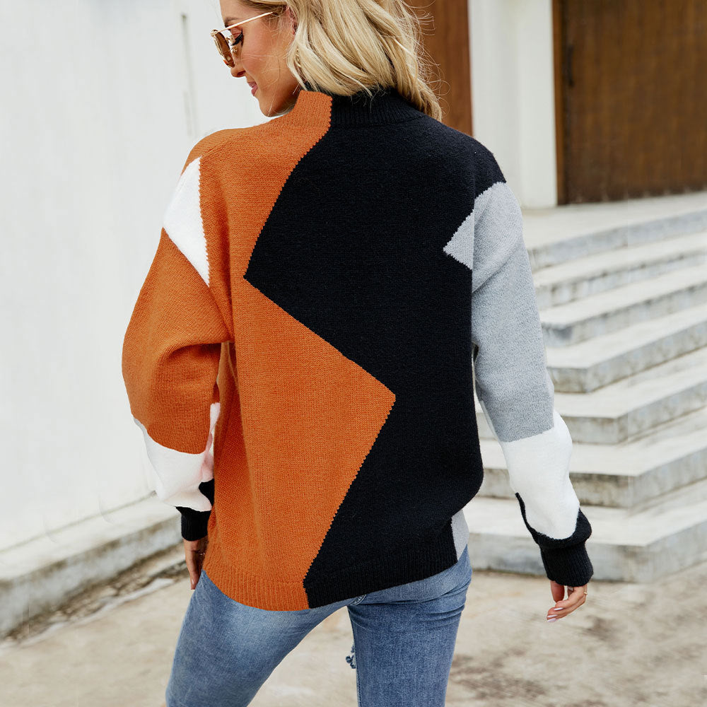 Autumn/Winter Fashion Crewneck Paneling Contrast Knitwear Loose Pullover Half-Turtleneck Sweater Woman
