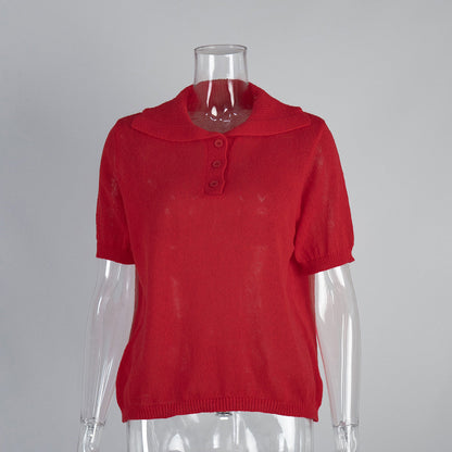 Knitted Polo Short Sleeve Sweater With Puff Sleeves