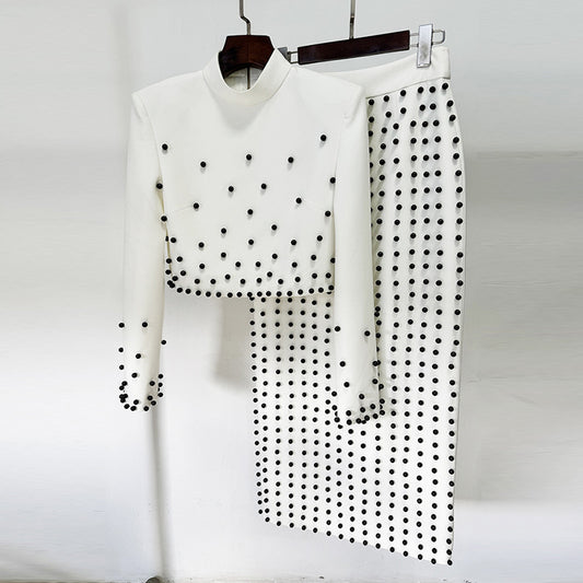 Trendy Pearl Beaded Short Sleeve Top & Long Skirt Set