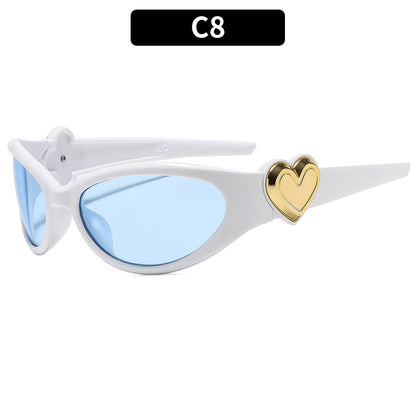 Trendy Oval Frame Sunglasses with Pink Heart Decoration