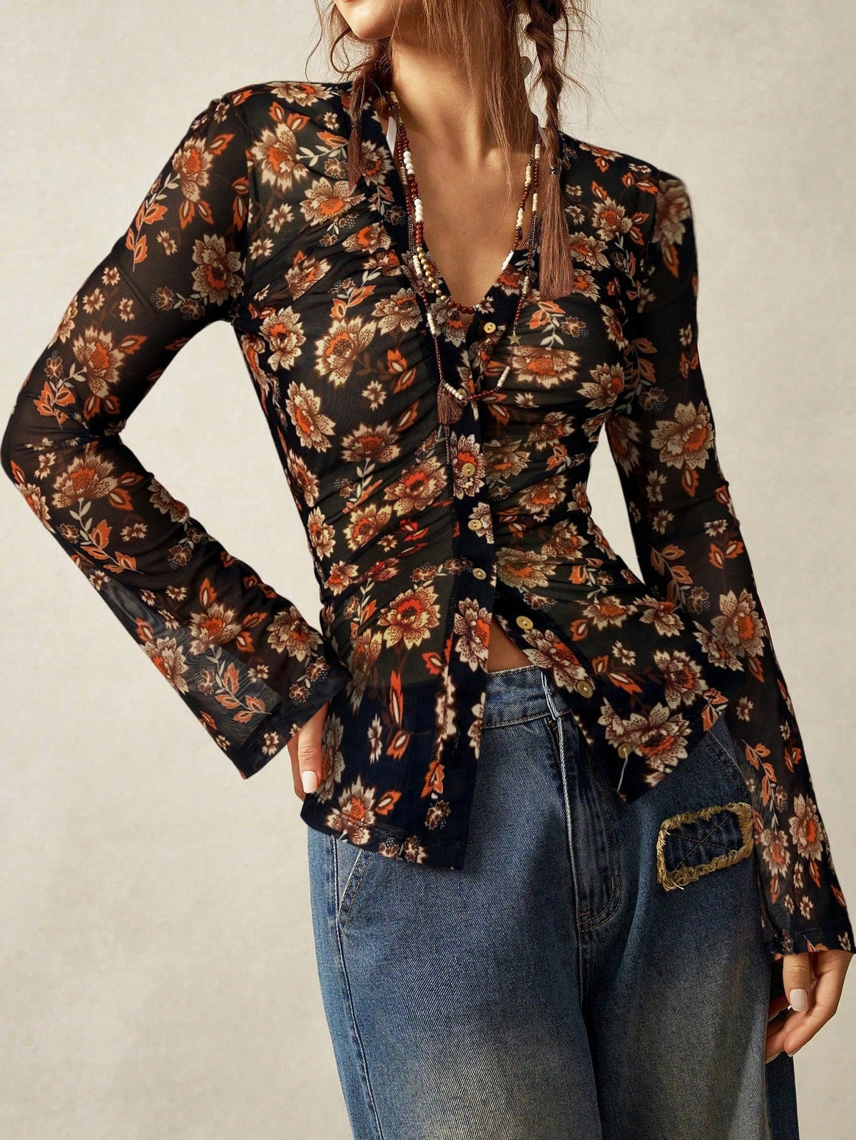Elegant Floral Print V- Neck Long Sleeve Blouse
