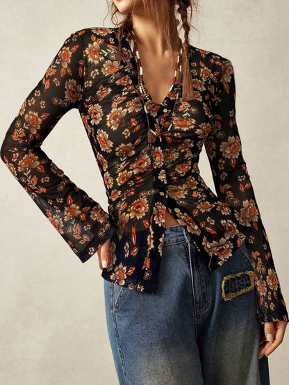 Elegant Floral Print V- Neck Long Sleeve Blouse
