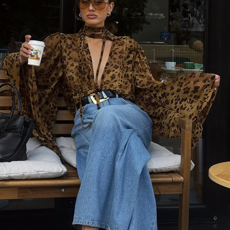 Animal Print Mesh Collar Long Sleeve Blouse