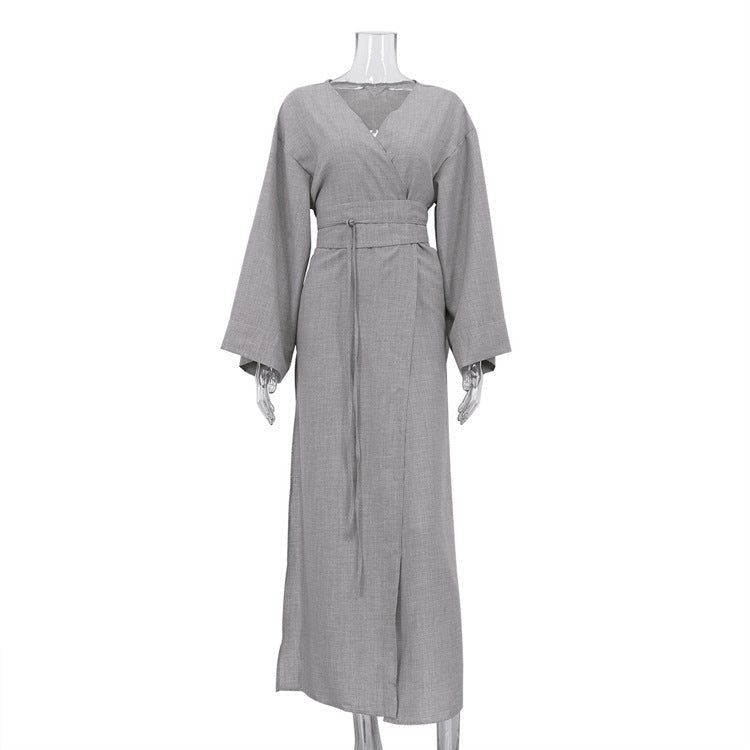 Casual Cross-Design Lace-Up French Dress V-Neck Long Sleeve High Waist Maxi Dress