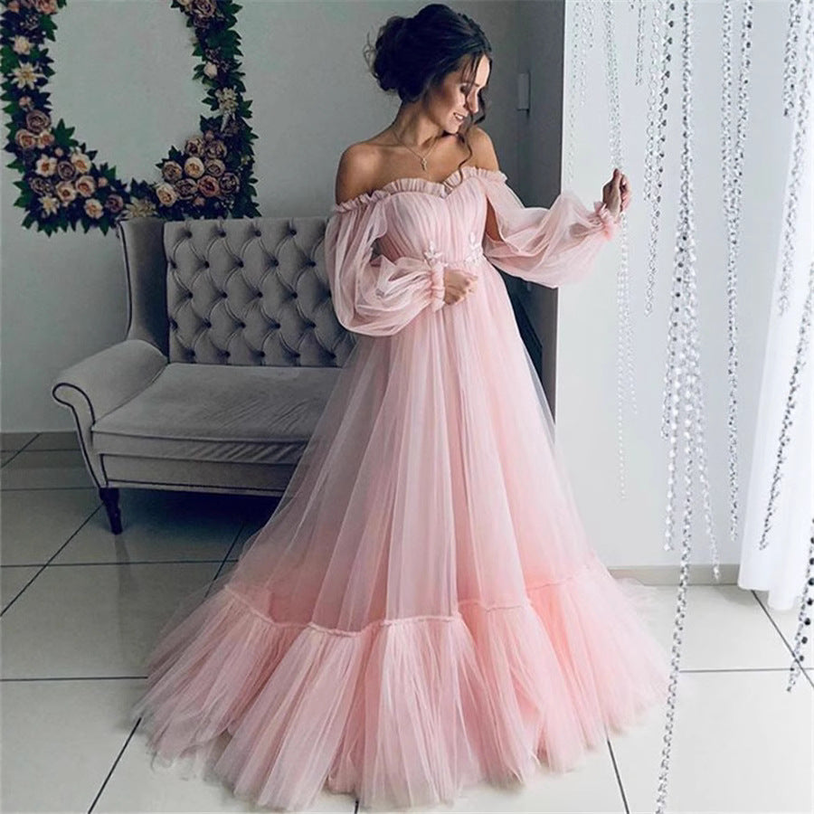 Off-The-Shoulder Tulle Wedding Dress with Long Sleeves