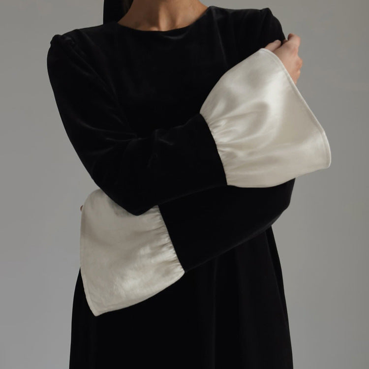 French Style Color-Blocked Long Sleeve Dress