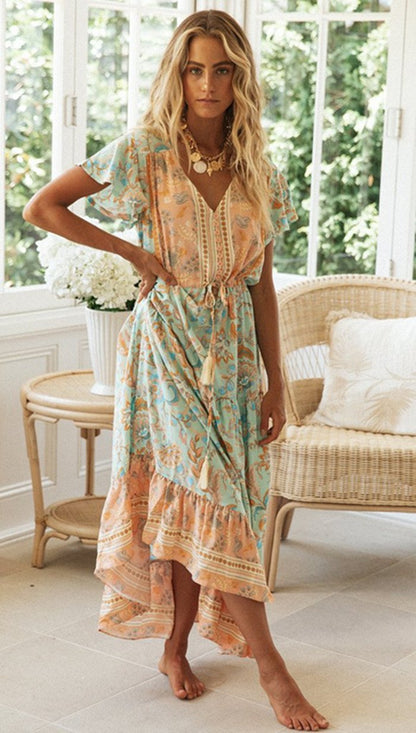 Women'S New Bohemian Holiday Long Skirt Positioning Flower Single-Breasted Dress
