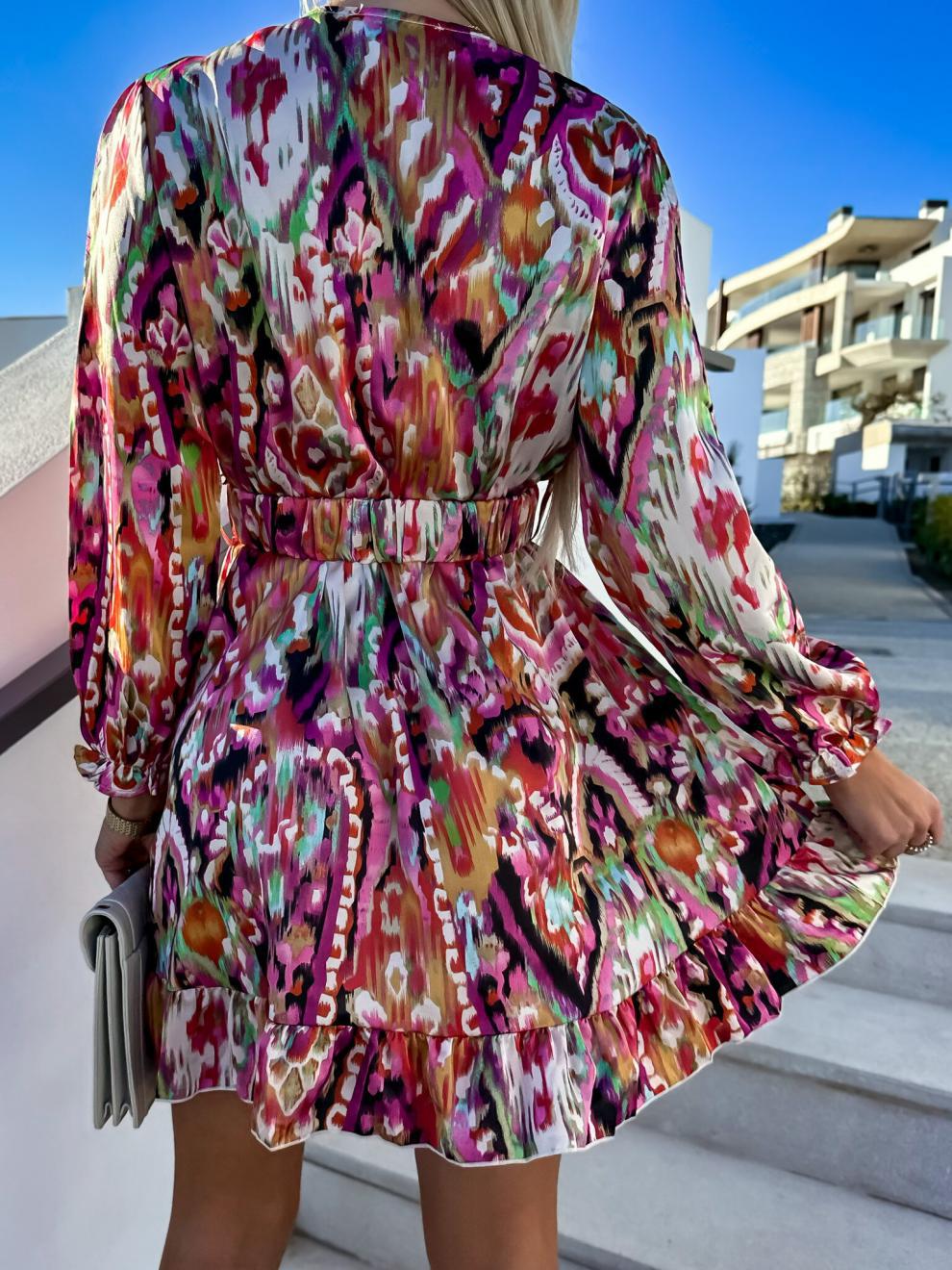 Stylish New Printed Waist V-Neck Long-Sleeved Dress