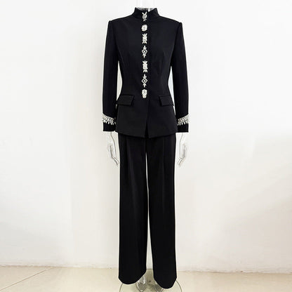 Beaded Collar Jacket Set Casual Long Pants