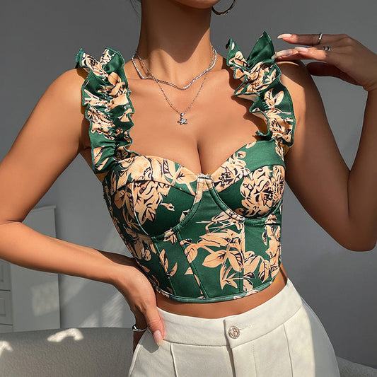 Sexy Floral Print V-Neck Crop Top With Padding