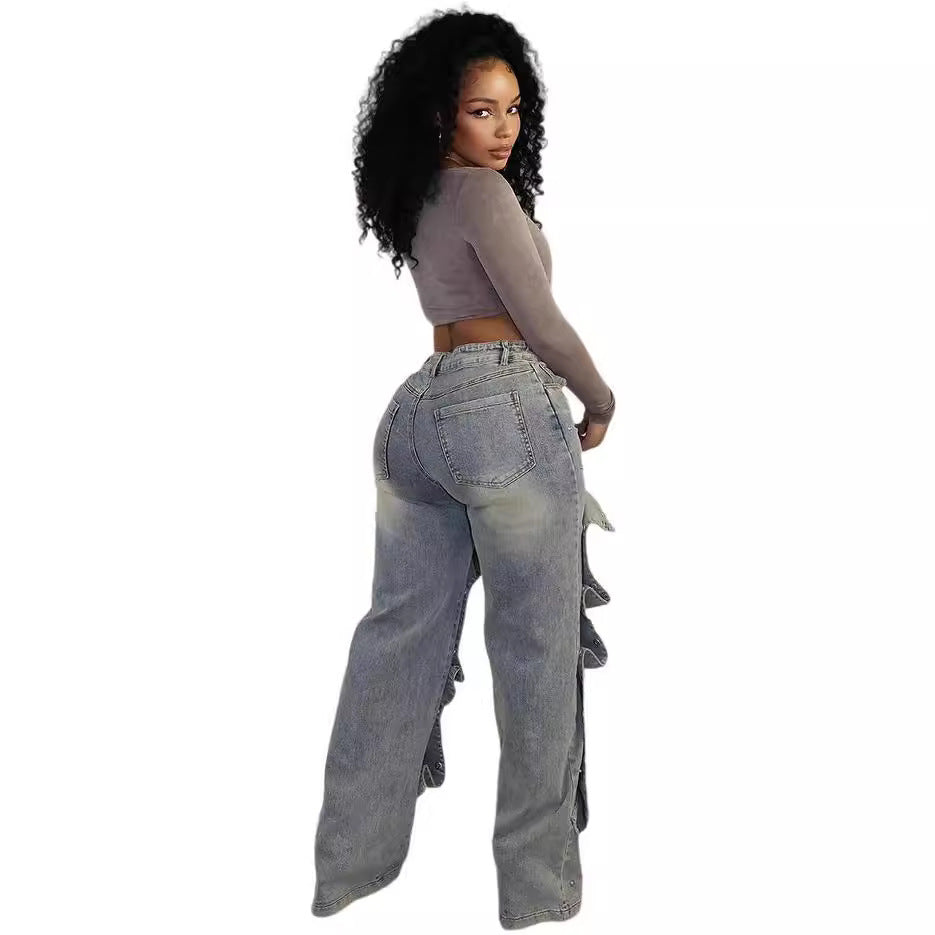 Trendy High-Waisted Straight Leg Jeans With Detachable Buttons