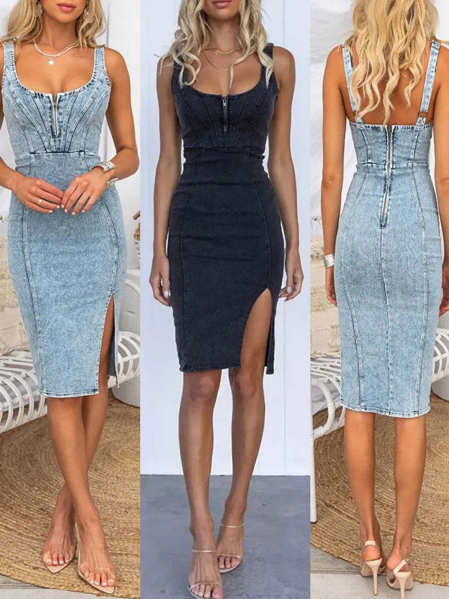 Casual U-Neck Denim Midi Dress