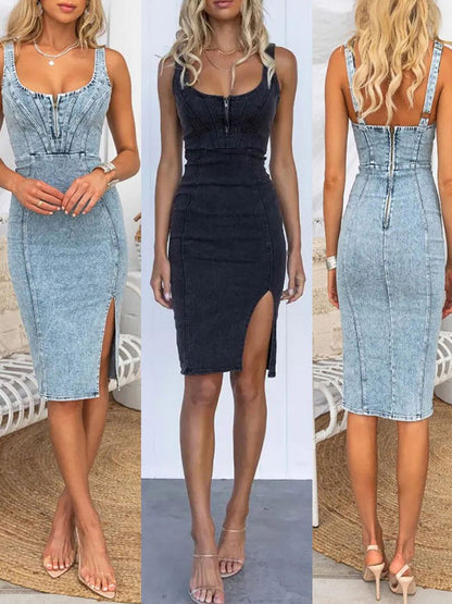 Casual U-Neck Denim Midi Dress