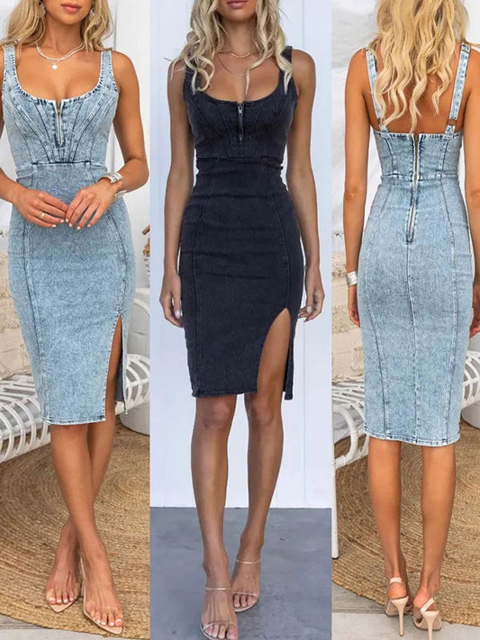 Casual U-Neck Denim Midi Dress