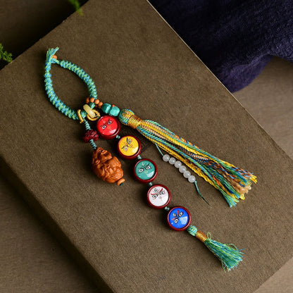 Five-Way God Of Wealth Keychain Bag Hanging Pendant, With Olive Core God Of Wealth, Hand-Woven Tassel Ty1645