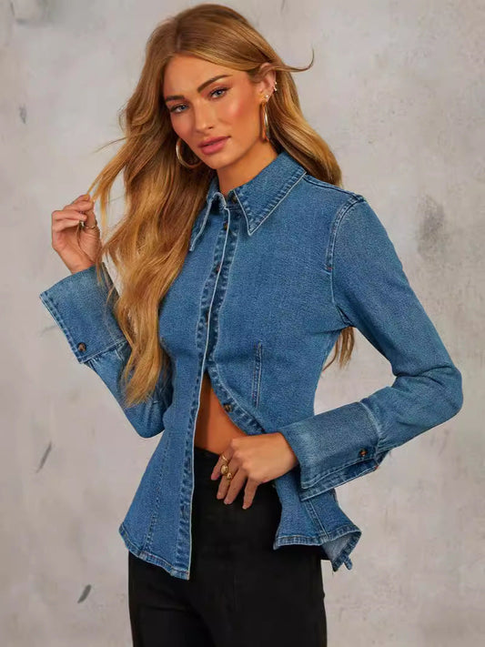 Casual Denim Shirt with Polo Neck for Women