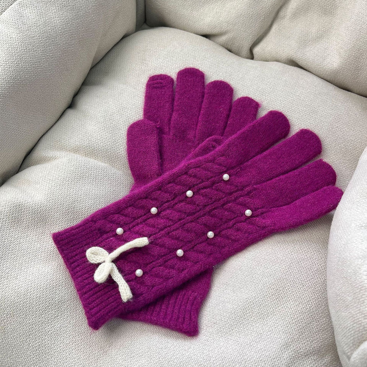 Solid Color Bow Knot Wool Winter Gloves