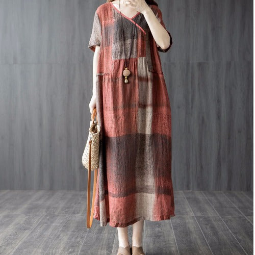 Summer New Literary And Artistic Fan Vintage Loose Plus-Size Women'S Cotton And Linen Panels Plaid Thin Dress