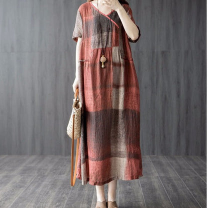 Summer New Literary And Artistic Fan Vintage Loose Plus-Size Women'S Cotton And Linen Panels Plaid Thin Dress