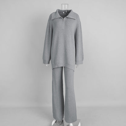 Half-Zip Knitted Sweater Set for Women Casual Chic Wide-Leg Pants