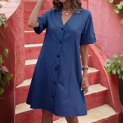 Women'S Dress Washed Cotton Short-Sleeved Medium And Long Single-Breasted V-Neck Loose Solid Color A-Shaped Dress