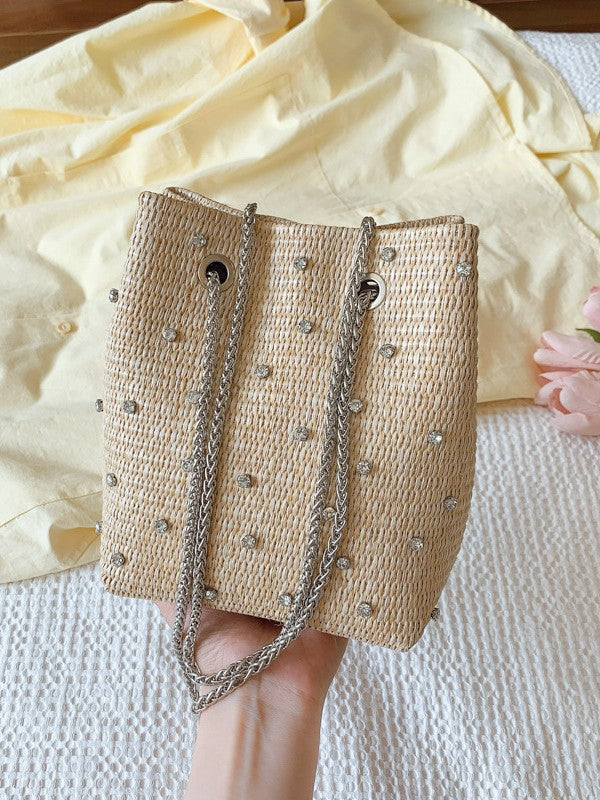 Trendy Women's Woven Bucket Bag with Pearl & Rhinestone Accents