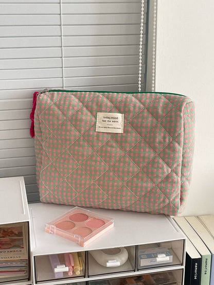Color Block Plaid Makeup Bag Stylish Quilted Storage Organizer