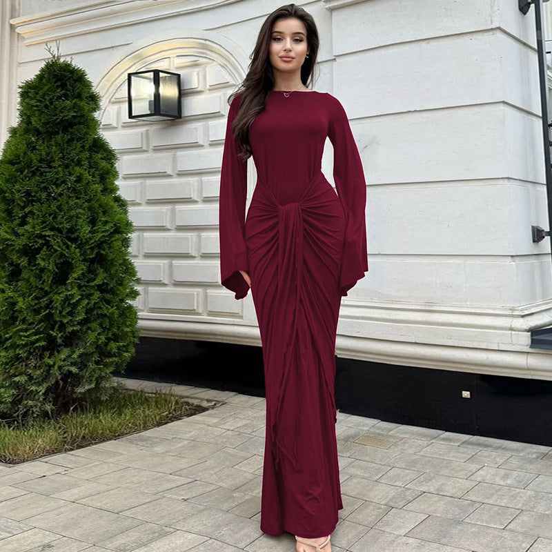 Elegant Ruched Waist Long Sleeve Dress