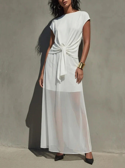 Elegant White Twist-Front Semi-Sheer Maxi Dress