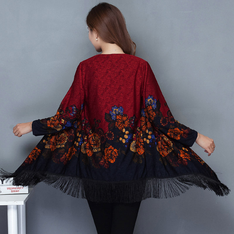 Autumn Outerwear Women'S Mid Length Ethnic Style Cape Printed Loose Outerwear Cape With Oversized Cardigan