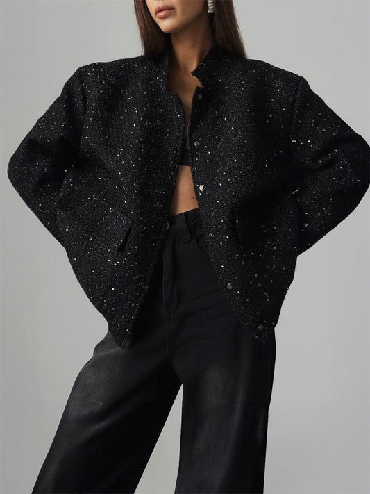 Sequin Detail Stand Collar Jacket Stylish Casual Outerwear