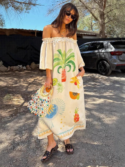 Floral Print Linen Off-Shoulder Maxi Dress