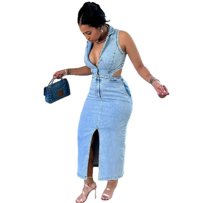 Trendy Sleeveless Denim Dress With Lapel Collar
