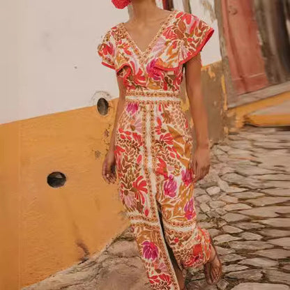 New V-Neck Feifei Sleeve Split Dress High Waist Backless Long Dress Celebrity Style