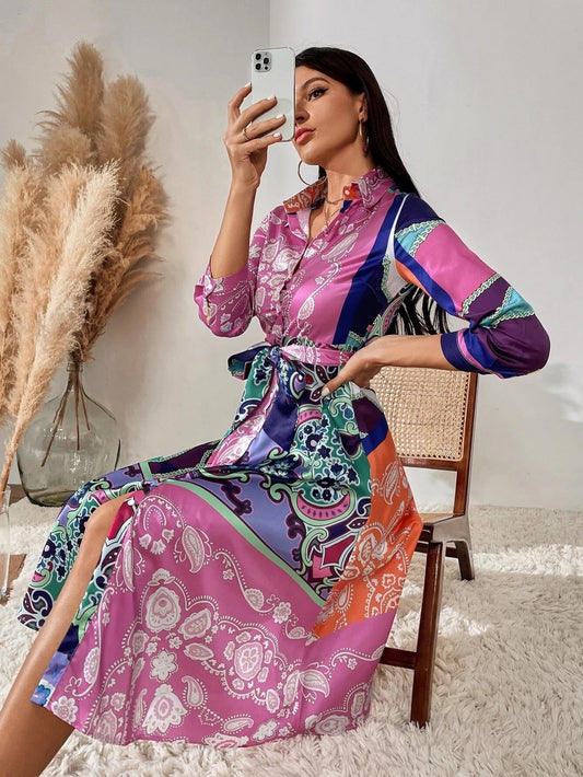 Women'S Lace-Up Print Polo Neck Midi Dress