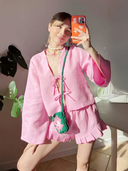 Cotton Tie-Front Cardigan And Shorts Set Casual Chic