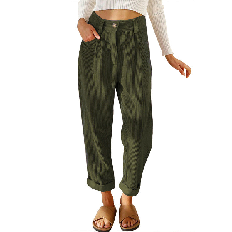 New Women'S High Waist Casual Pants Solid Color Loose Straight Corduroy Pants