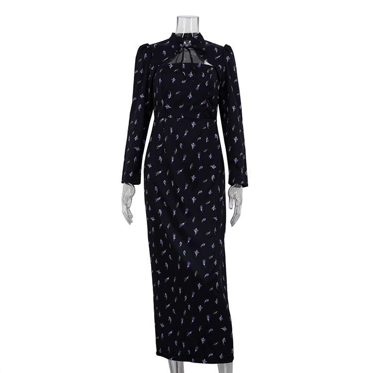 French Style Stand Collar Tie Detail Long Sleeve Bodycon Dress