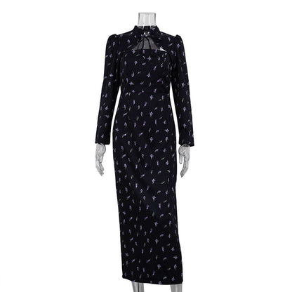 French Style Stand Collar Tie Detail Long Sleeve Bodycon Dress