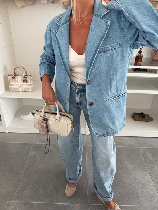 Casual Loose-Fit Light Blue Denim Blazer for Women