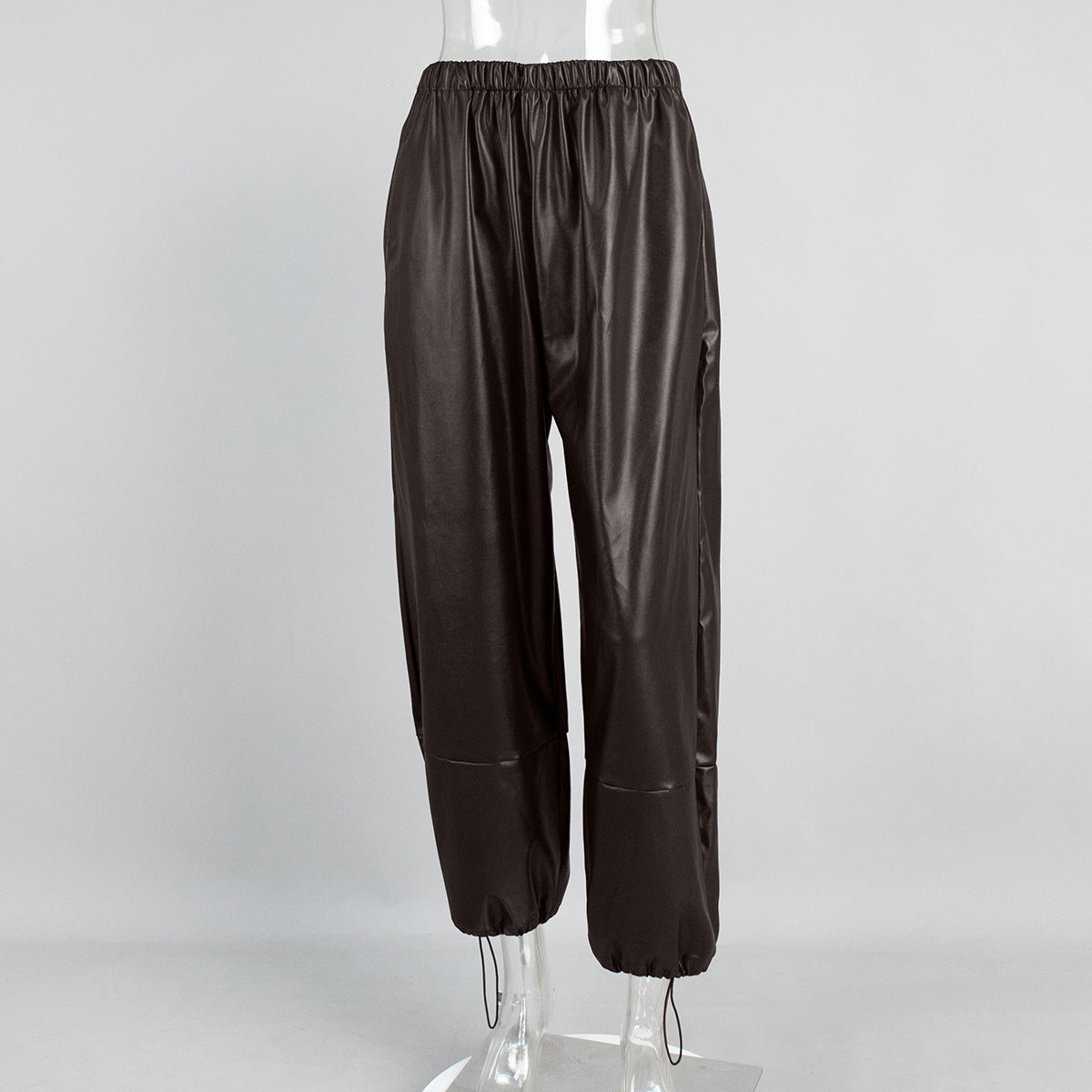 Wide Leg PU Leather Pants with Drawstring for Women