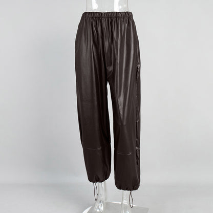 Wide Leg PU Leather Pants with Drawstring for Women