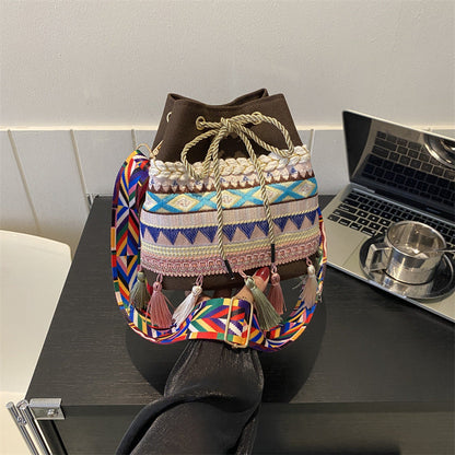 Trendy Ethnic Style Fringed Bucket Bag Casual Shoulder Bag
