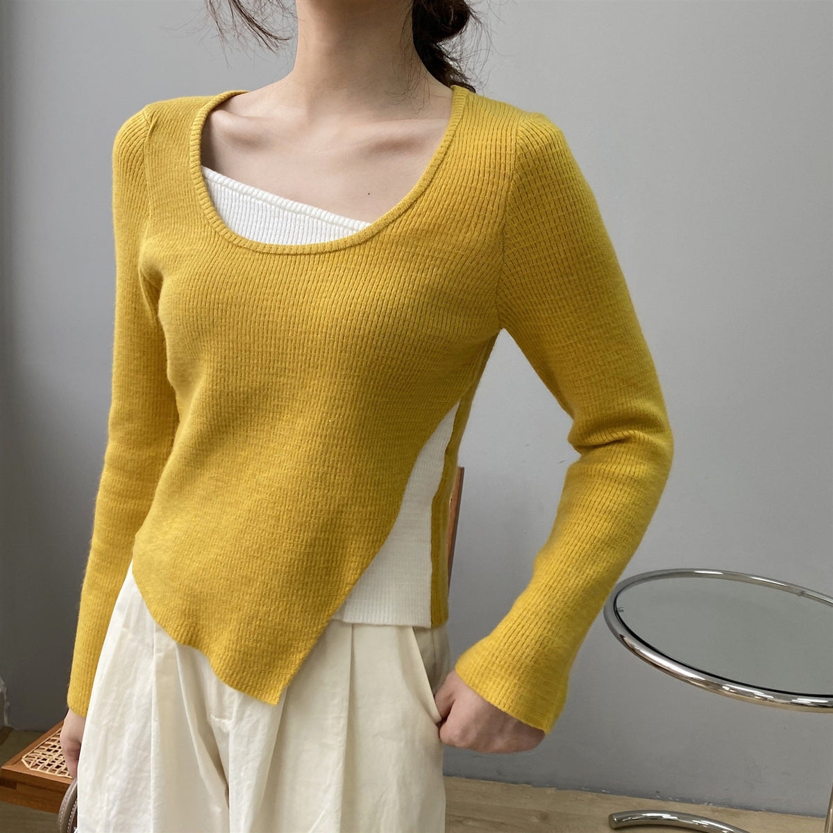 2 in 1 Color-Block Asymmetric Ribbed Knit Top